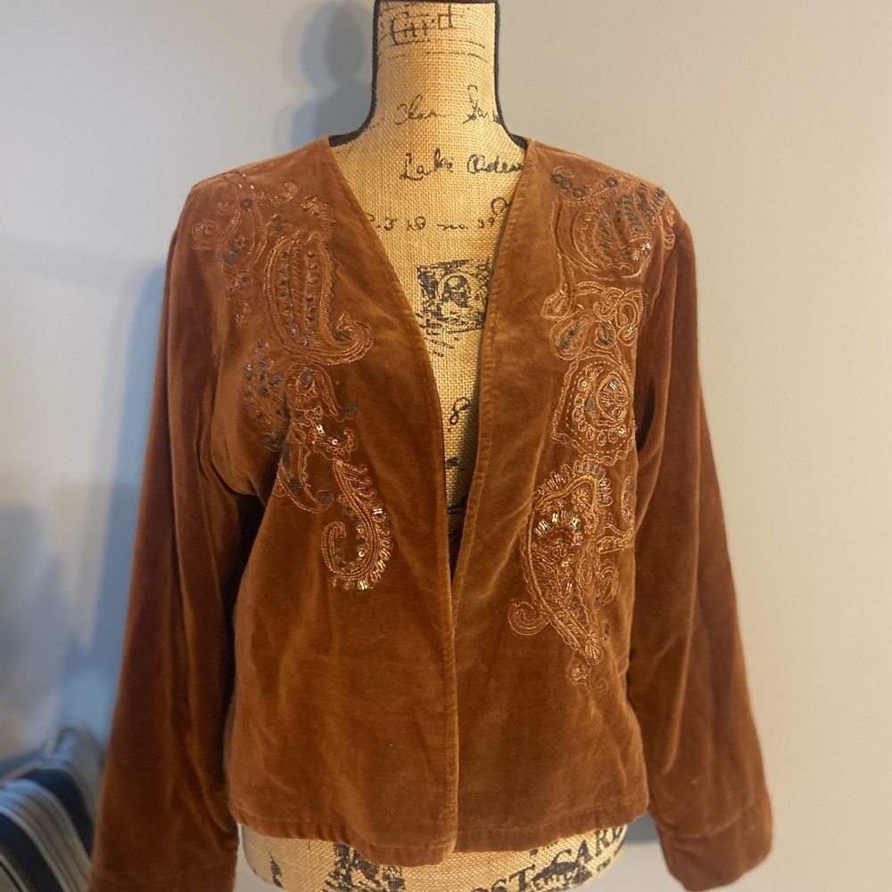 Chico's Sz 2 Rich Rust Velvet Sequined Embroidered Women’s Blazer - Picture 1 of 12
